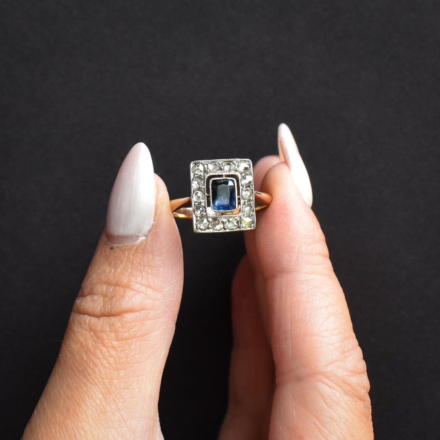 Art Deco Blue Sapphire and Rose Cut Diamond Panel Rectangle Halo 18ct Gold Ring