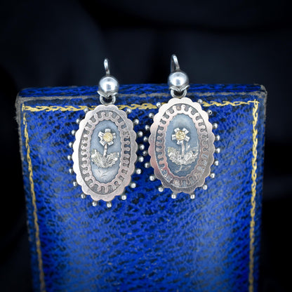 Antique Victorian Silver and Gold Aesthetic Floral Flower Earrings | Circa.1880
