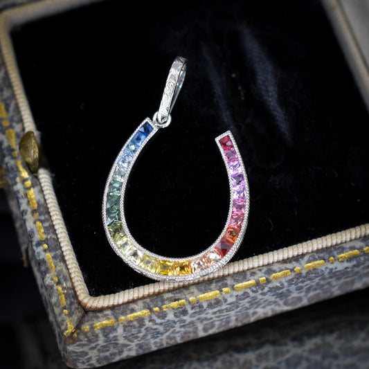 French Cut Multi Colour Sapphire Rainbow Horseshoe Platinum Charm Pendant