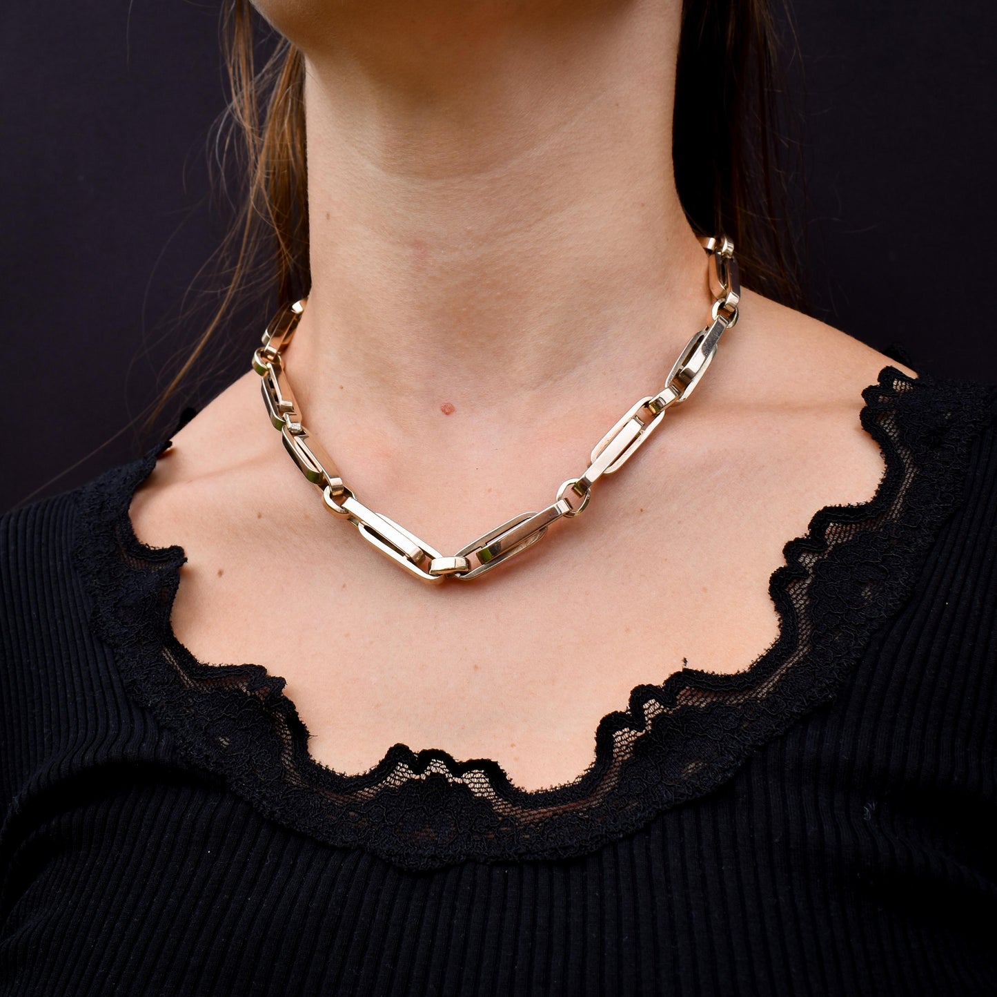 Antique 18" 9ct Gold Chunky Bar Trombone Link Chain Necklace