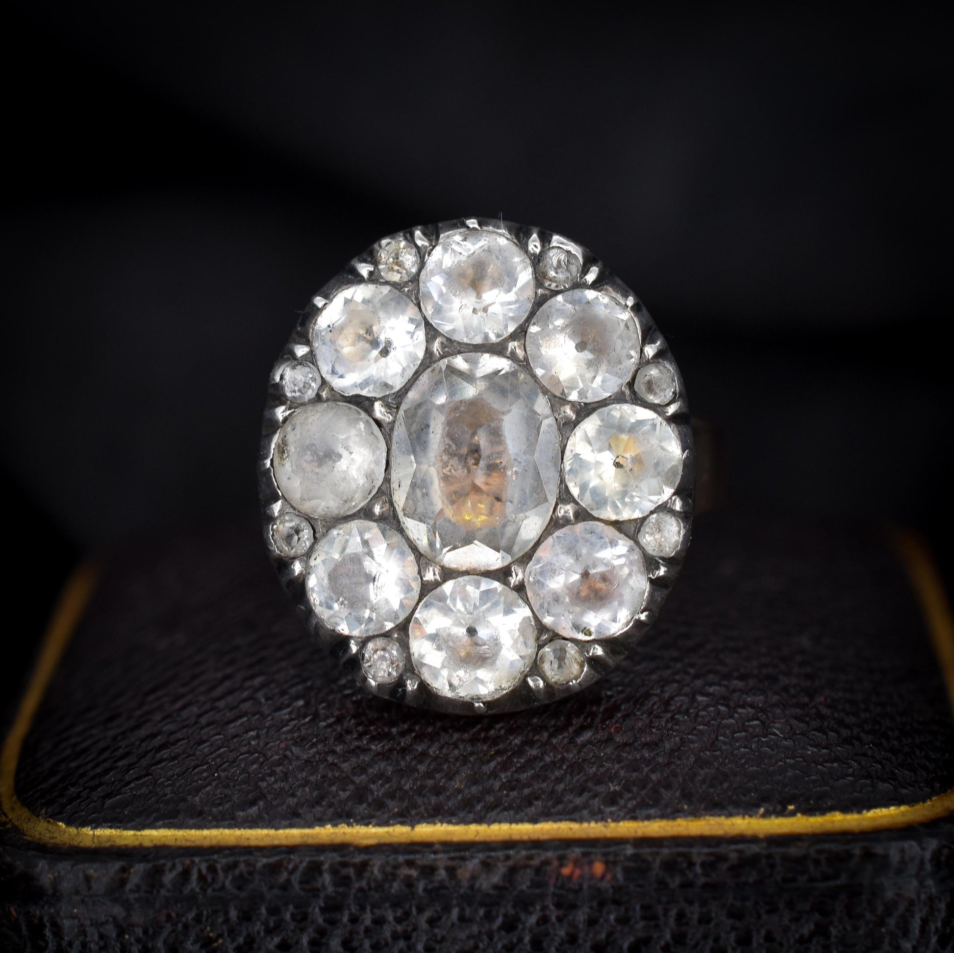 Antique Georgian Old Cut Black Dot Paste Cluster Gold Ring