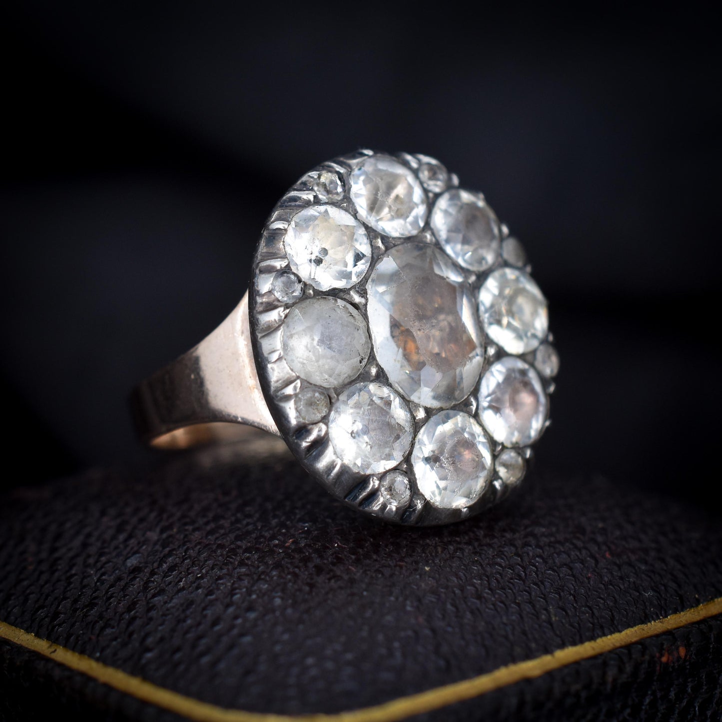 Antique Georgian Old Cut Black Dot Paste Cluster Gold Ring