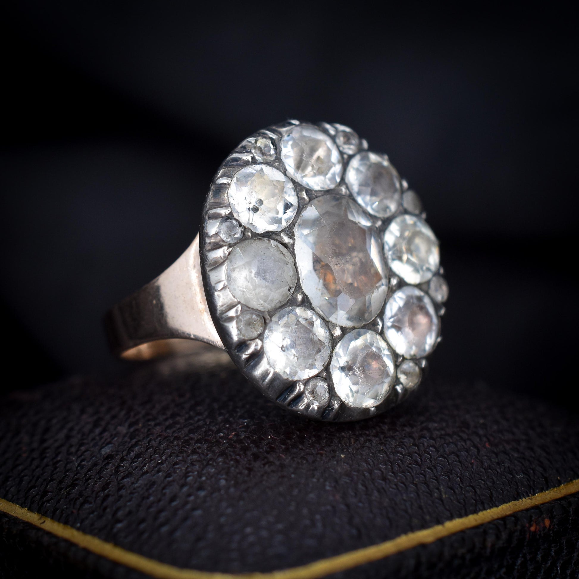 Antique Georgian Old Cut Black Dot Paste Cluster Gold Ring