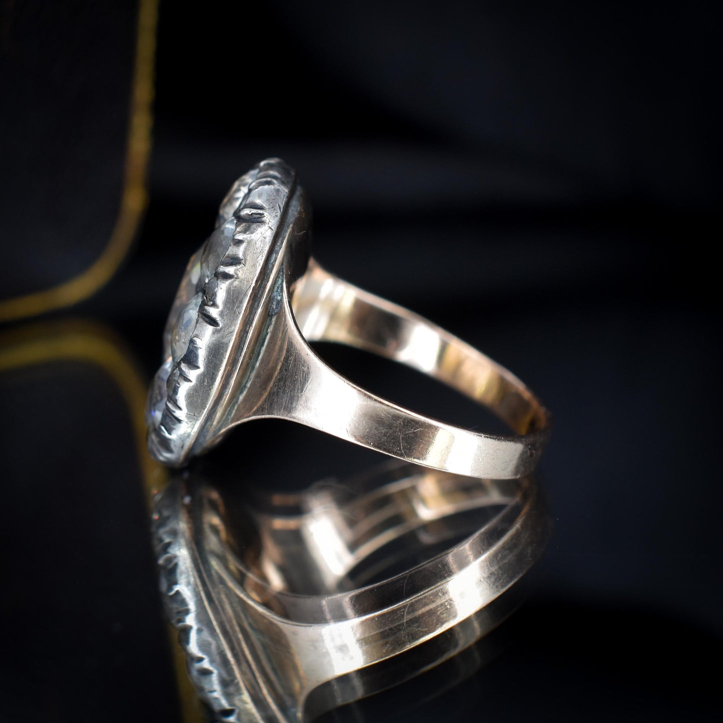 Antique Georgian Old Cut Black Dot Paste Cluster Gold Ring