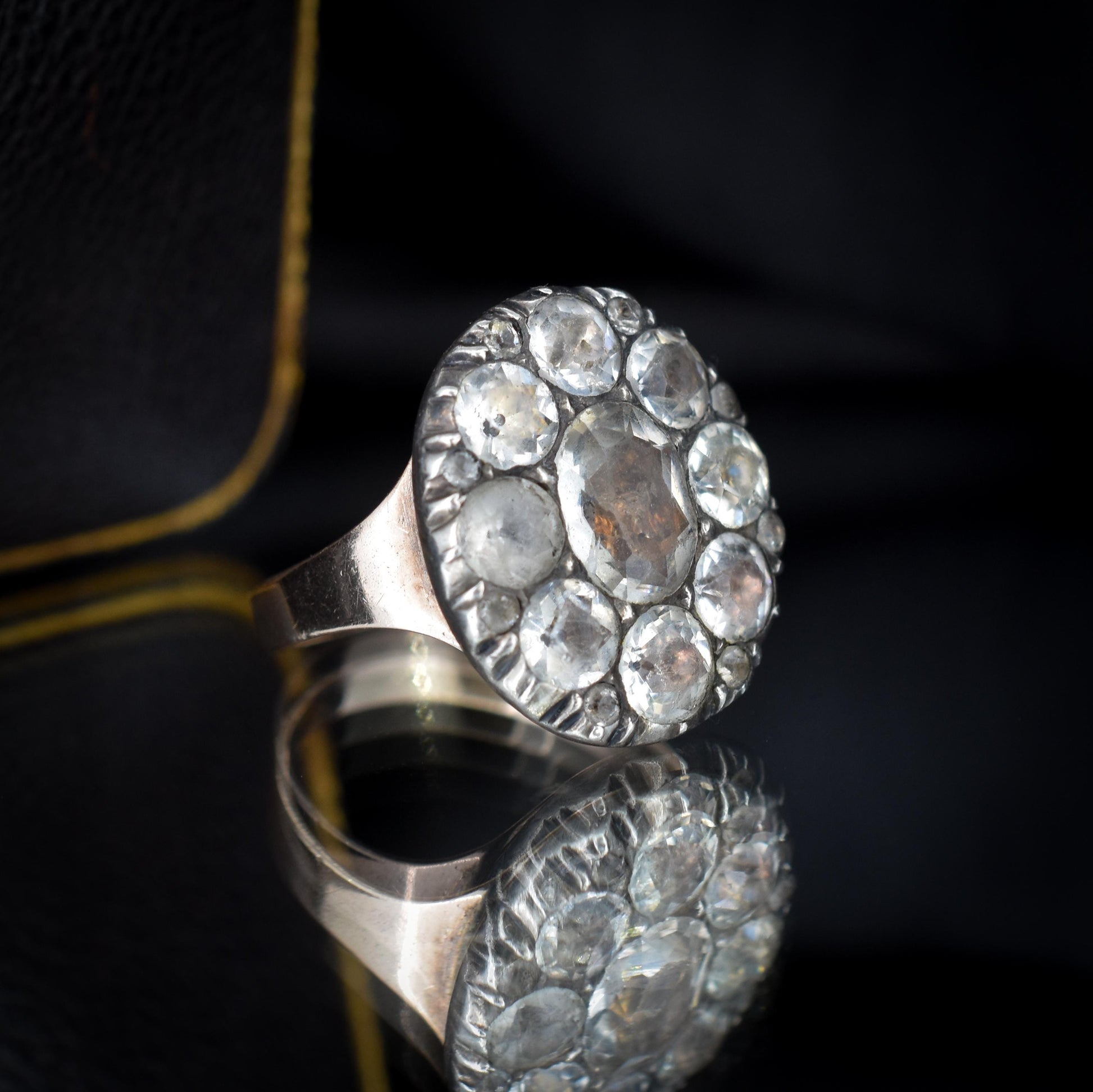 Antique Georgian Old Cut Black Dot Paste Cluster Gold Ring