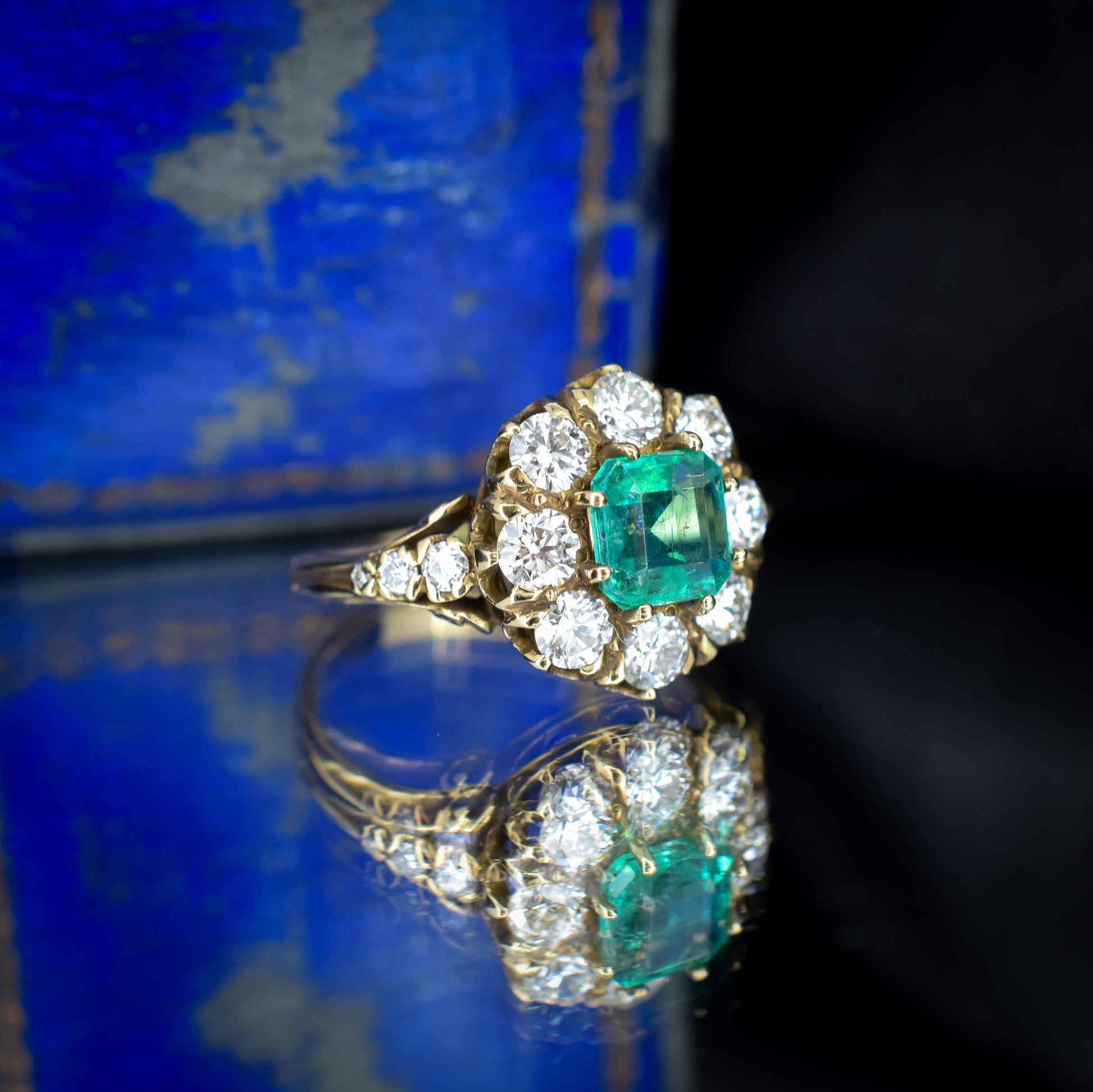 1.30ct Natural Emerald and 1.25ct Diamond Cluster Halo 18ct Yellow Gold Ring