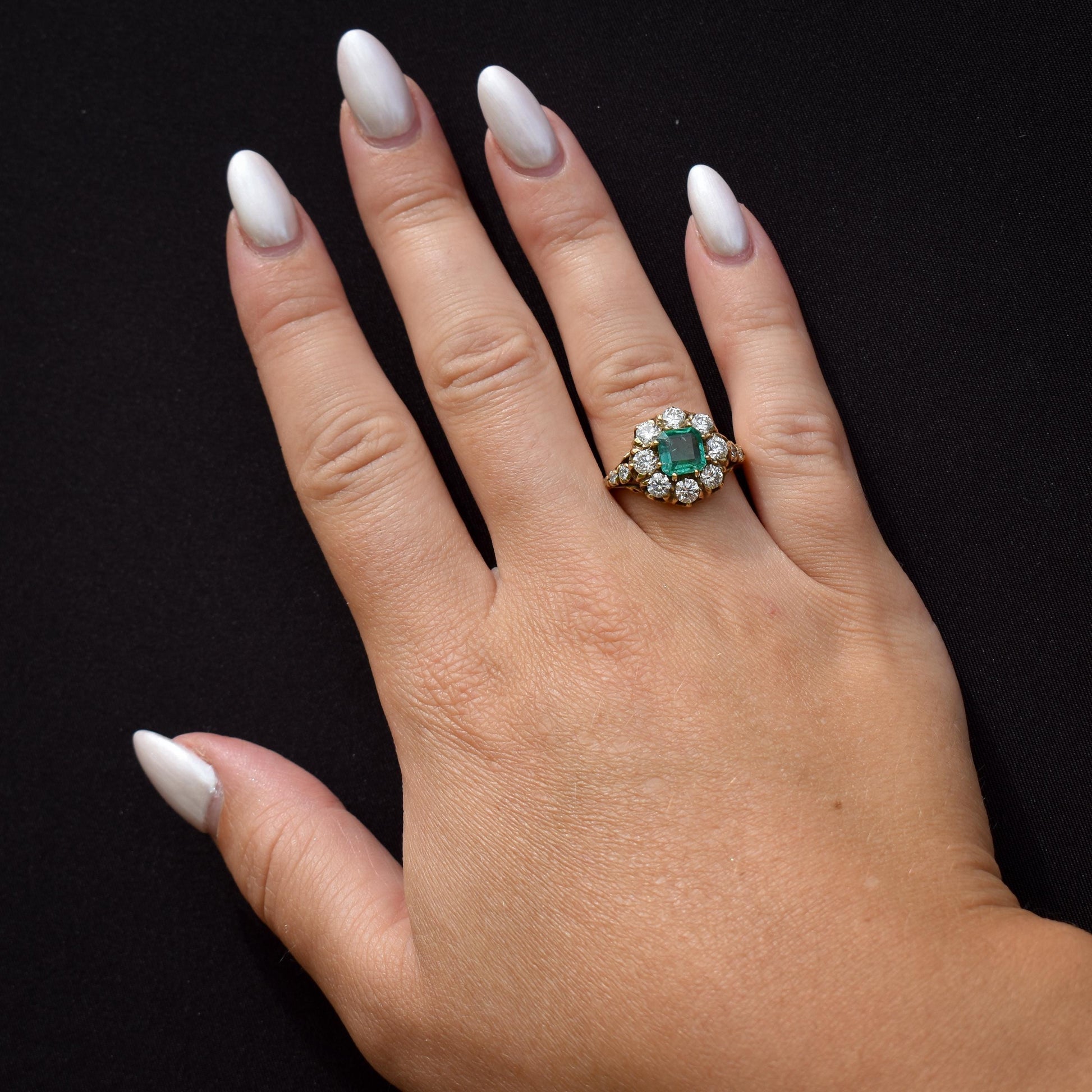 1.30ct Natural Emerald and 1.25ct Diamond Cluster Halo 18ct Yellow Gold Ring