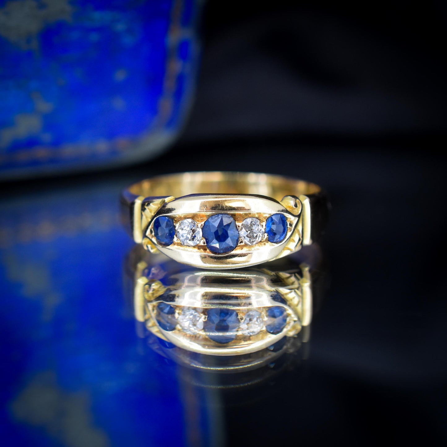 Antique Sapphire and Diamond 18ct Yellow Gold Boat Ring | Birmingham 1896