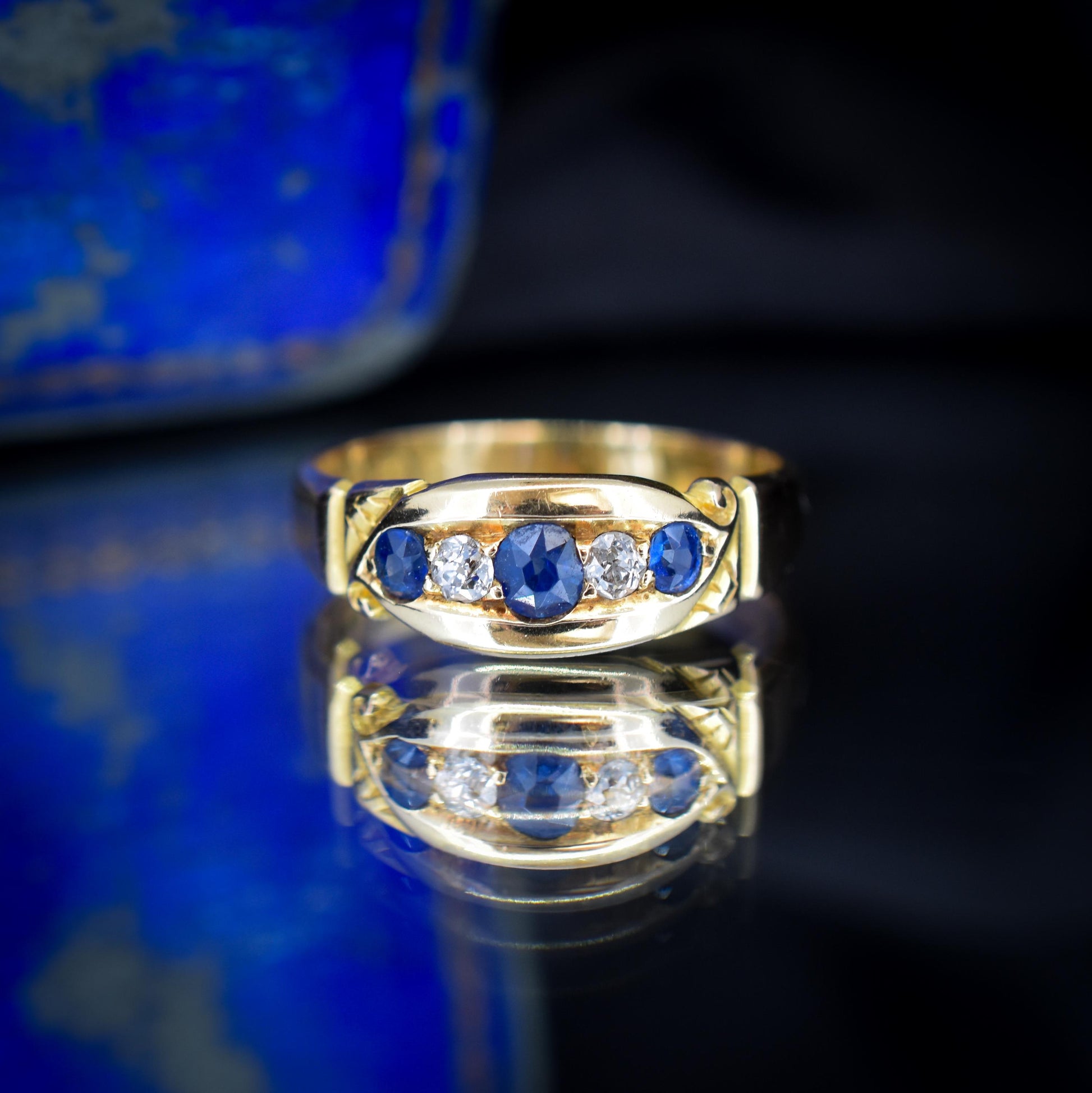 Antique Sapphire and Diamond 18ct Yellow Gold Boat Ring | Birmingham 1896