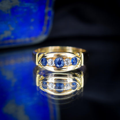 Antique Sapphire and Diamond 18ct Yellow Gold Boat Ring | Birmingham 1896