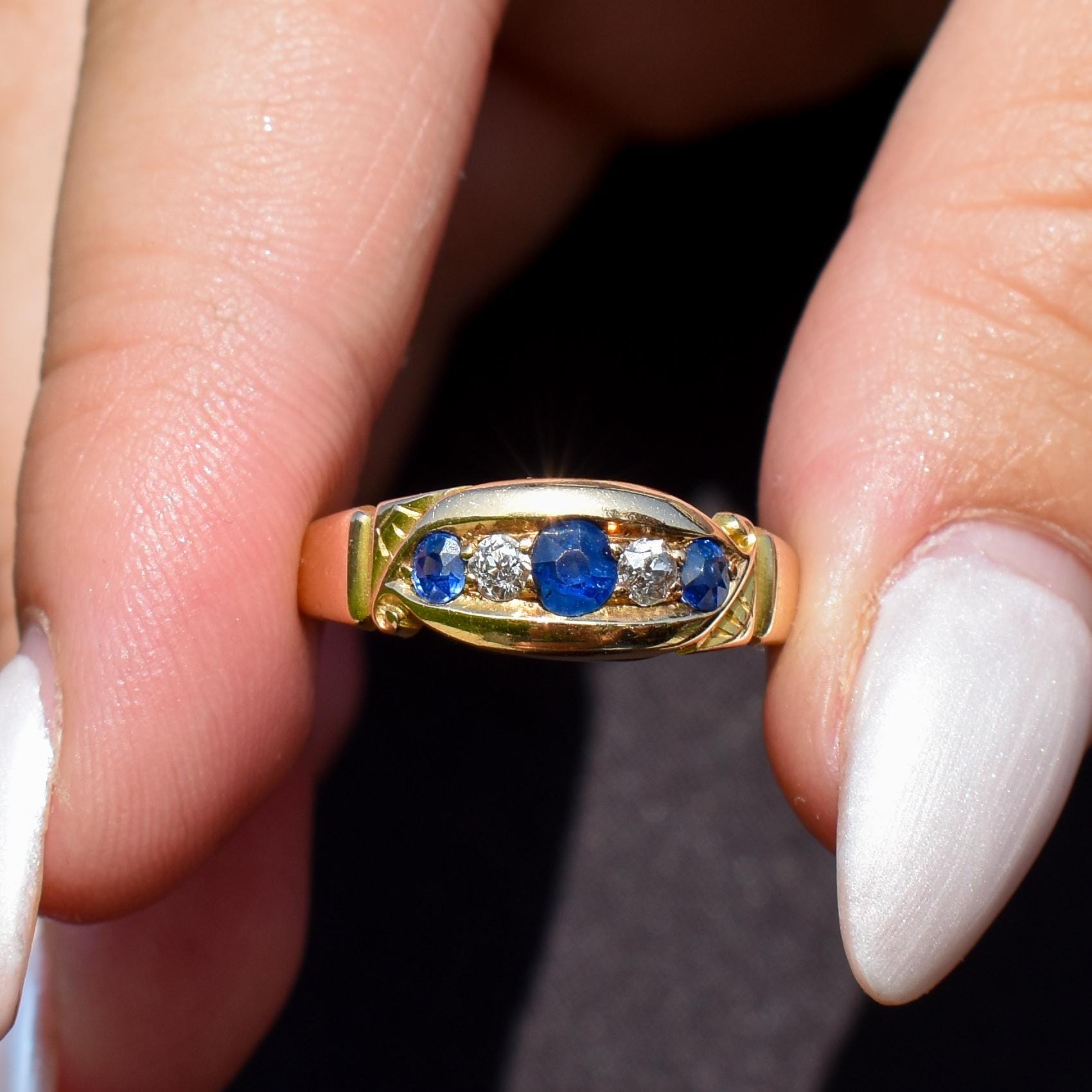 Antique Sapphire and Diamond 18ct Yellow Gold Boat Ring | Birmingham 1896