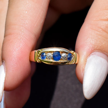 Antique Sapphire and Diamond 18ct Yellow Gold Boat Ring | Birmingham 1896
