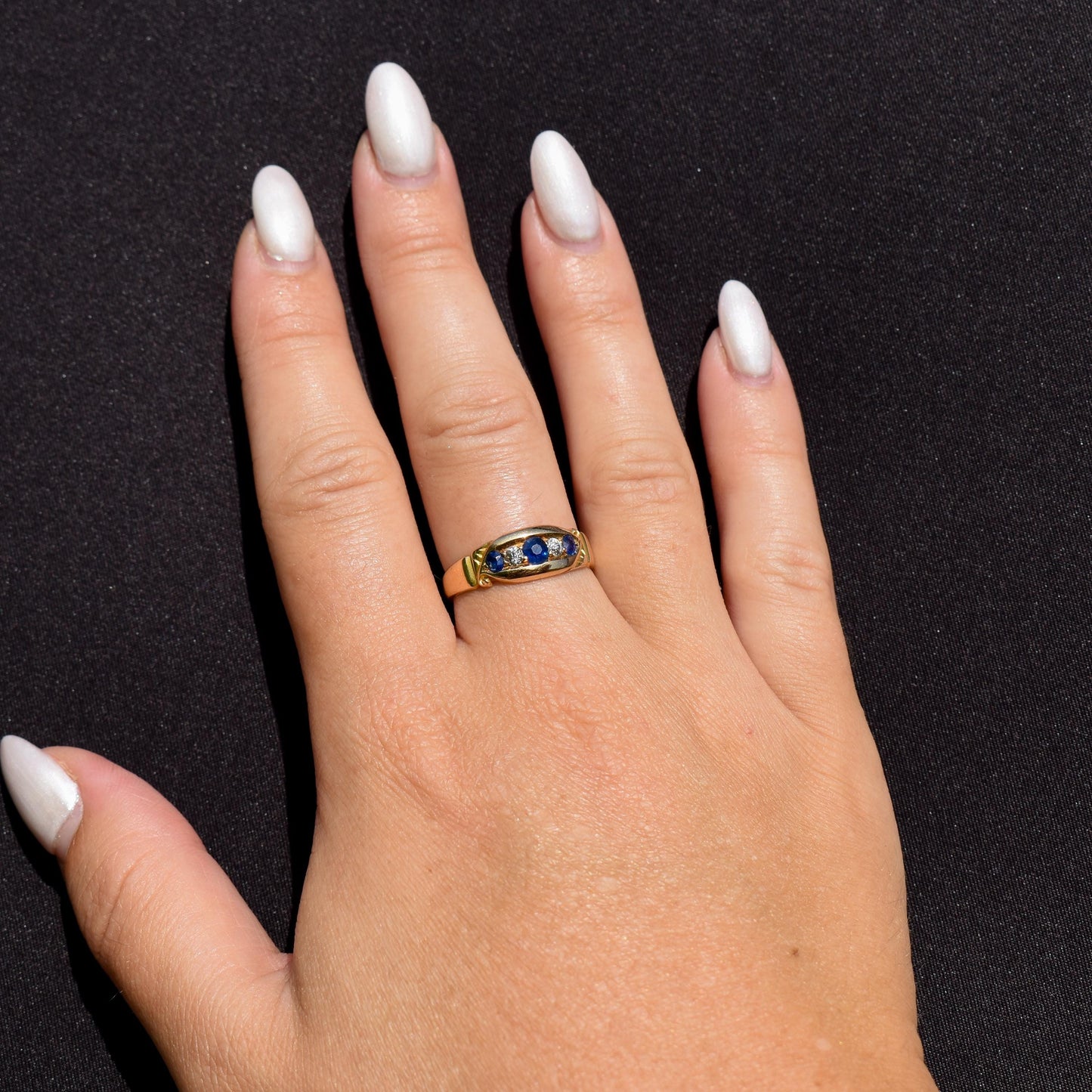 Antique Sapphire and Diamond 18ct Yellow Gold Boat Ring | Birmingham 1896