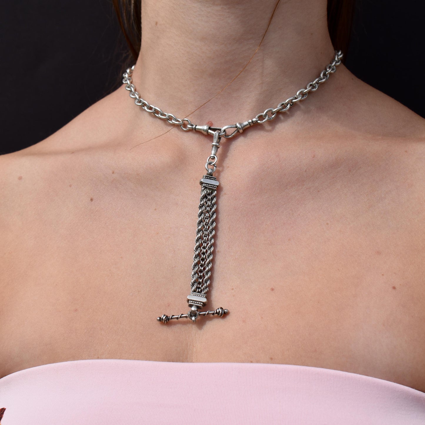 Antique Silver Multi-Strand Pendant with Dog Clip and T-bar Drop