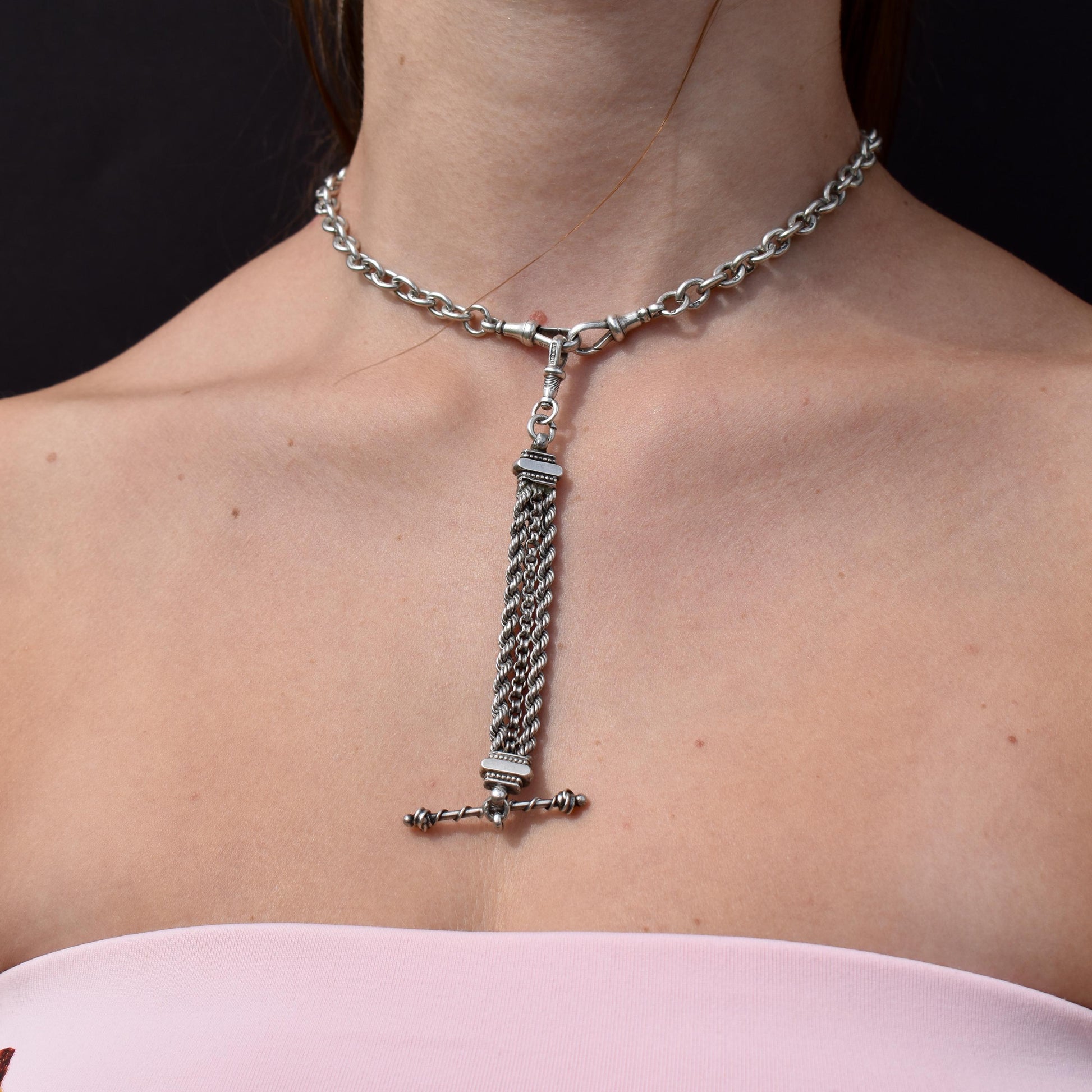 Antique Silver Multi-Strand Pendant with Dog Clip and T-bar Drop