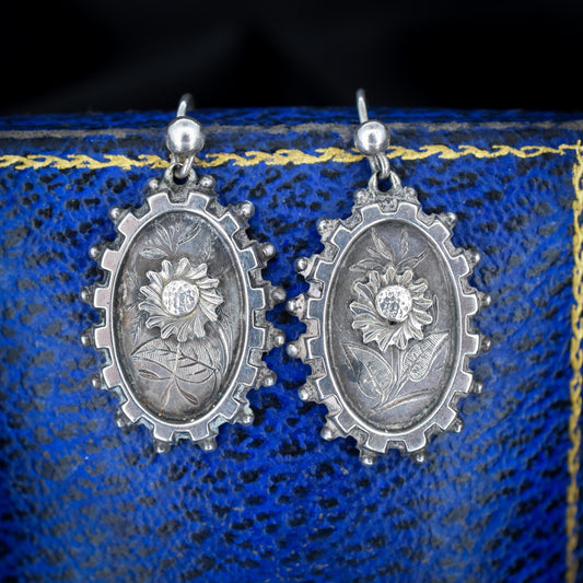 Antique Victorian Silver Aesthetic Sunflower Earrings | Circa.1880