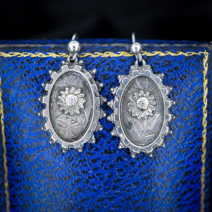 Antique Victorian Silver Aesthetic Sunflower Earrings | Circa.1880