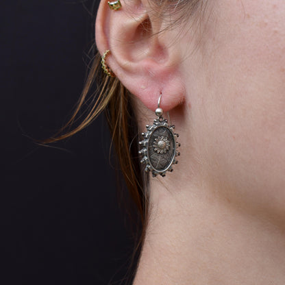 Antique Victorian Silver Aesthetic Sunflower Earrings | Circa.1880
