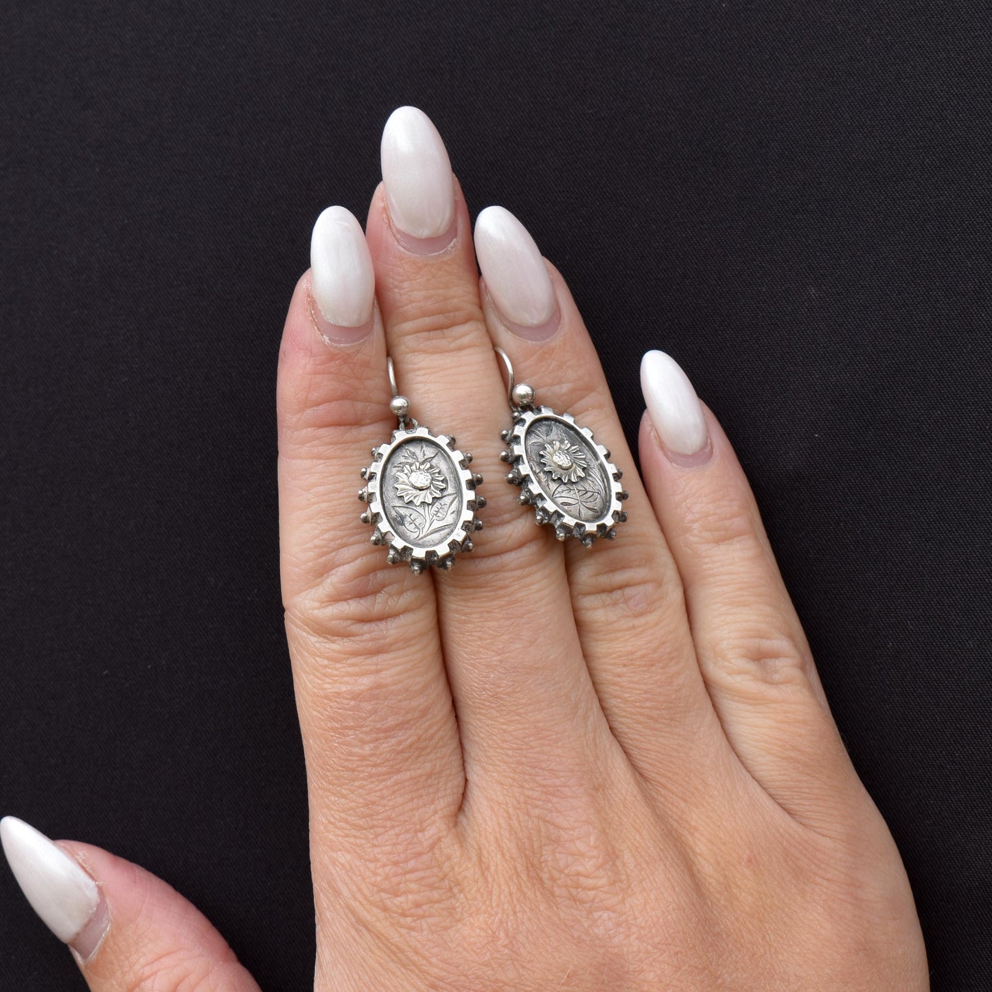 Antique Victorian Silver Aesthetic Sunflower Earrings | Circa.1880