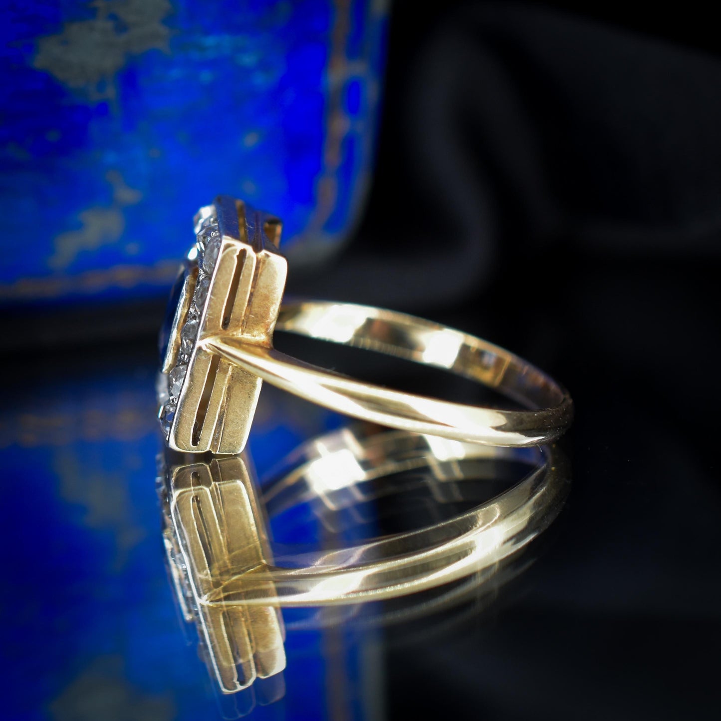 Art Deco Blue Sapphire and Rose Cut Diamond Panel Rectangle Halo 18ct Gold Ring