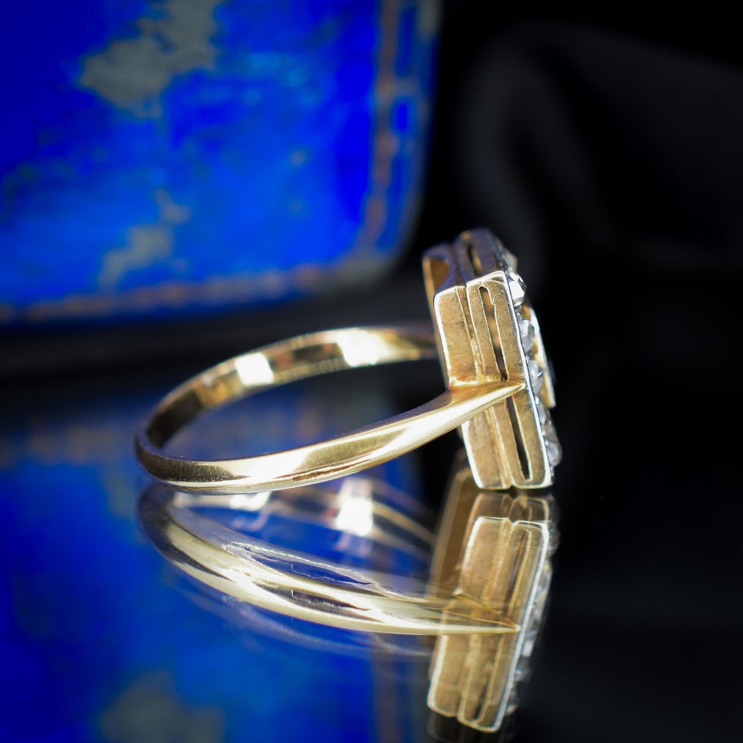 Art Deco Blue Sapphire and Rose Cut Diamond Panel Rectangle Halo 18ct Gold Ring