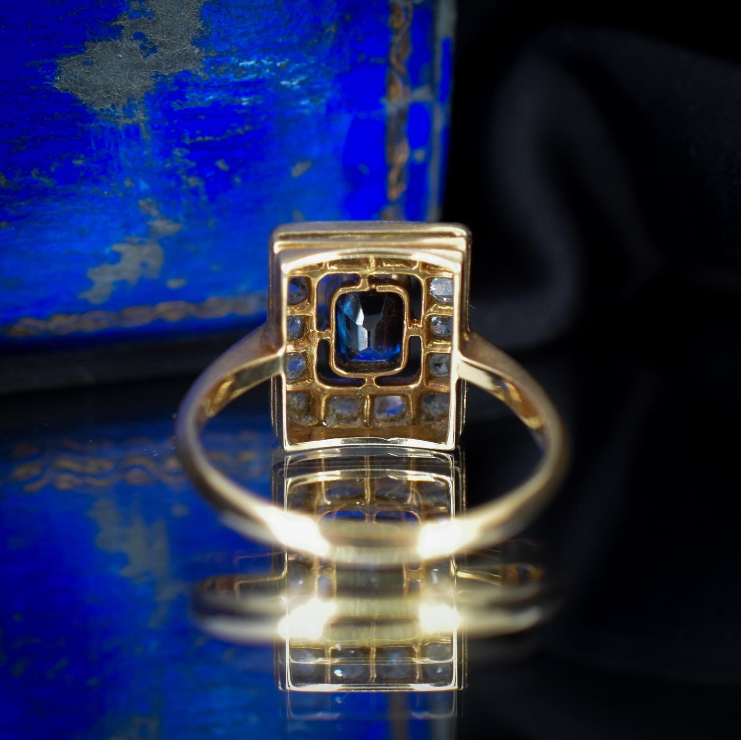 Art Deco Blue Sapphire and Rose Cut Diamond Panel Rectangle Halo 18ct Gold Ring