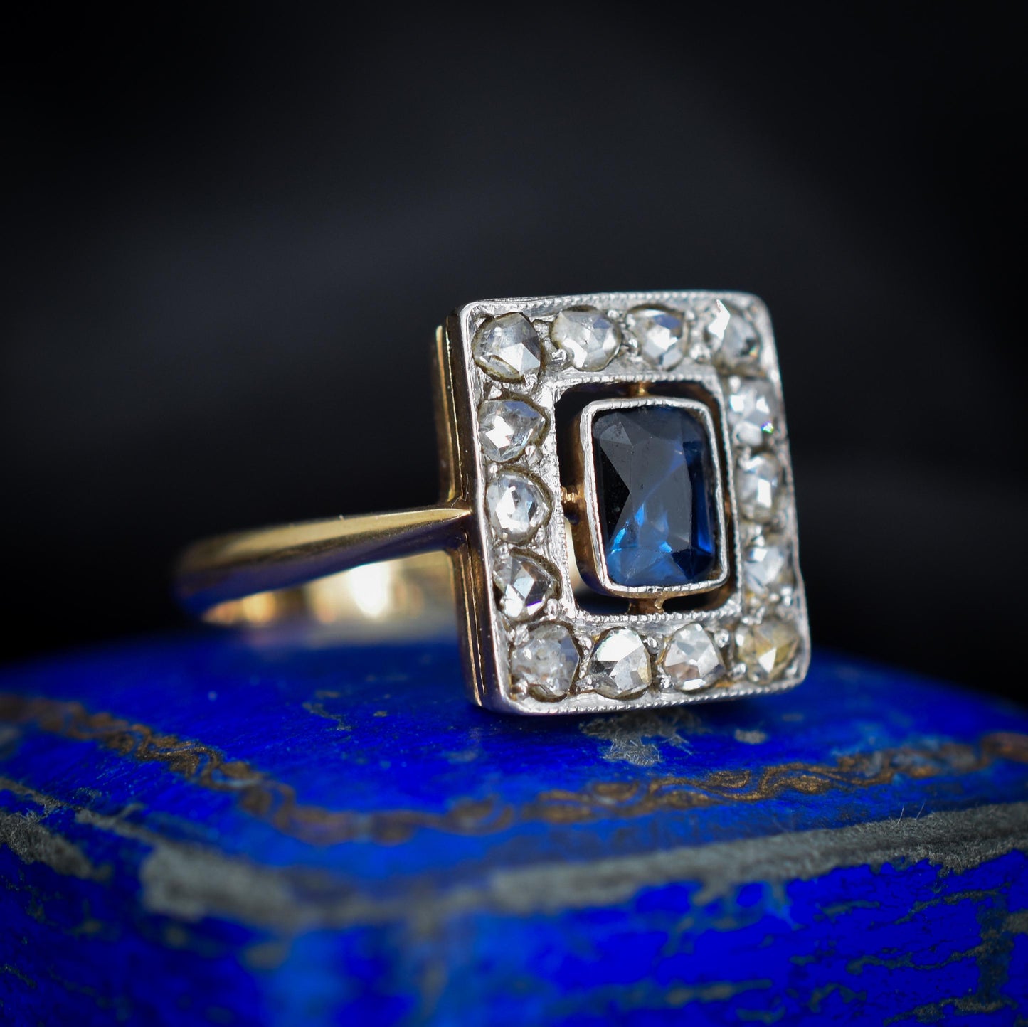 Art Deco Blue Sapphire and Rose Cut Diamond Panel Rectangle Halo 18ct Gold Ring