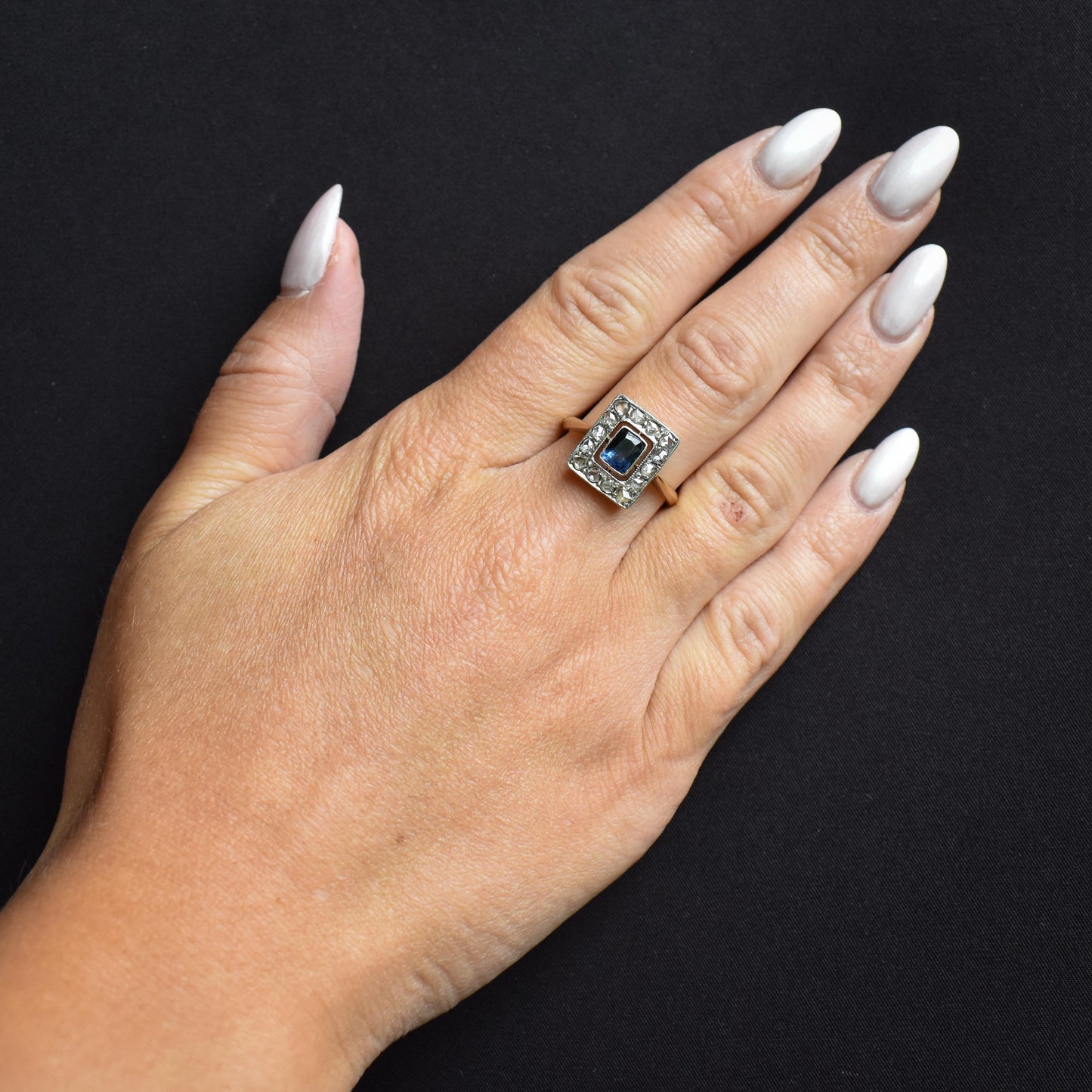 Art Deco Blue Sapphire and Rose Cut Diamond Panel Rectangle Halo 18ct Gold Ring