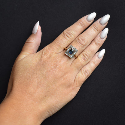 Art Deco Blue Sapphire and Rose Cut Diamond Panel Rectangle Halo 18ct Gold Ring