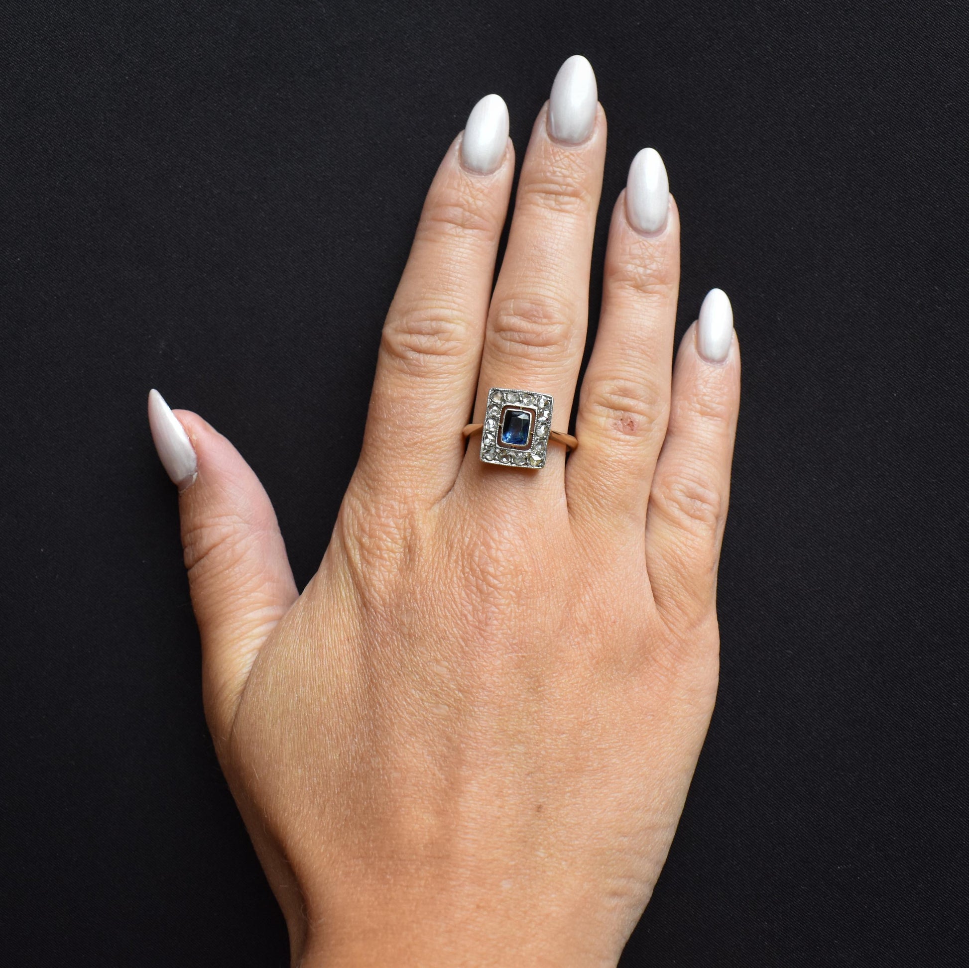 Art Deco Blue Sapphire and Rose Cut Diamond Panel Rectangle Halo 18ct Gold Ring