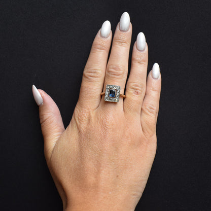 Art Deco Blue Sapphire and Rose Cut Diamond Panel Rectangle Halo 18ct Gold Ring