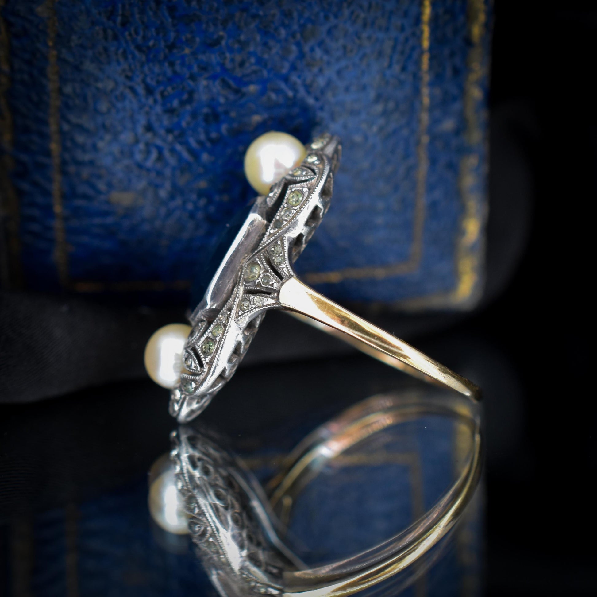 Antique Art Deco French Blue Paste and Pearl 18ct Gold Ring