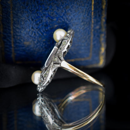 Antique Art Deco French Blue Paste and Pearl 18ct Gold Ring