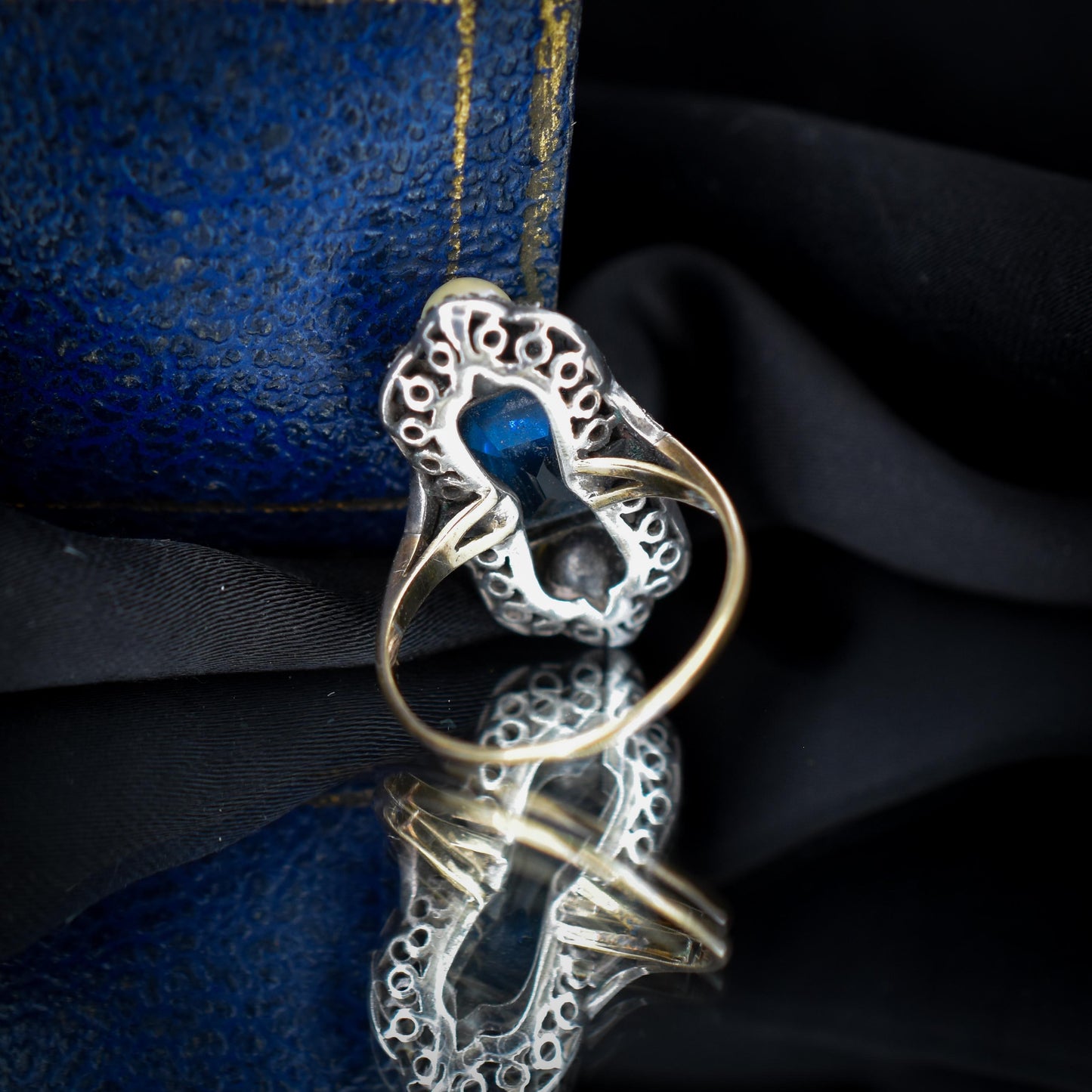 Antique Art Deco French Blue Paste and Pearl 18ct Gold Ring