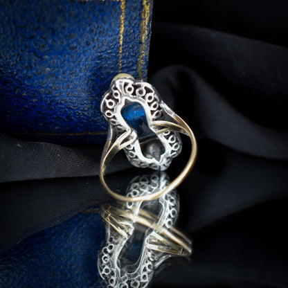 Antique Art Deco French Blue Paste and Pearl 18ct Gold Ring