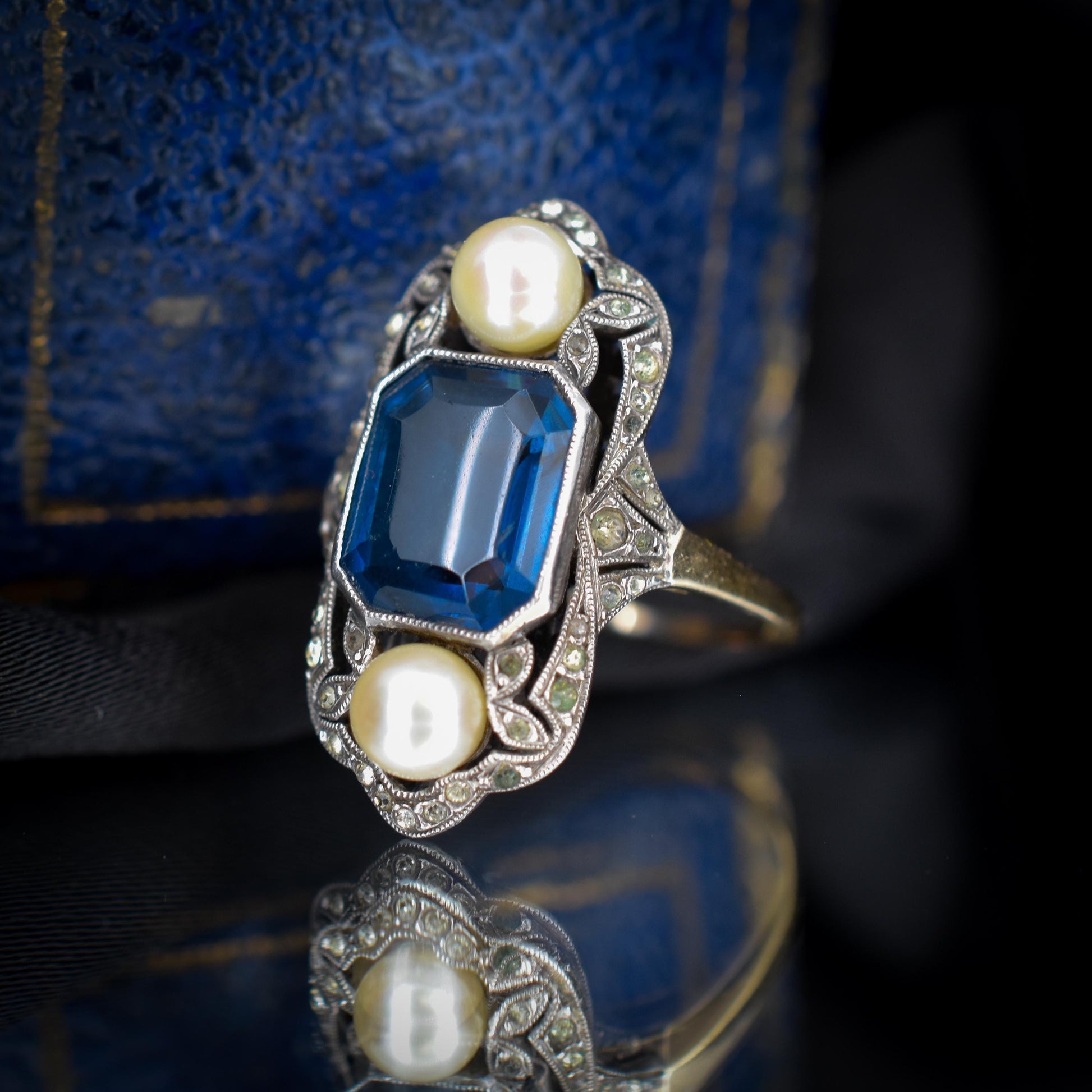 Antique Art Deco French Blue Paste and Pearl 18ct Gold Ring