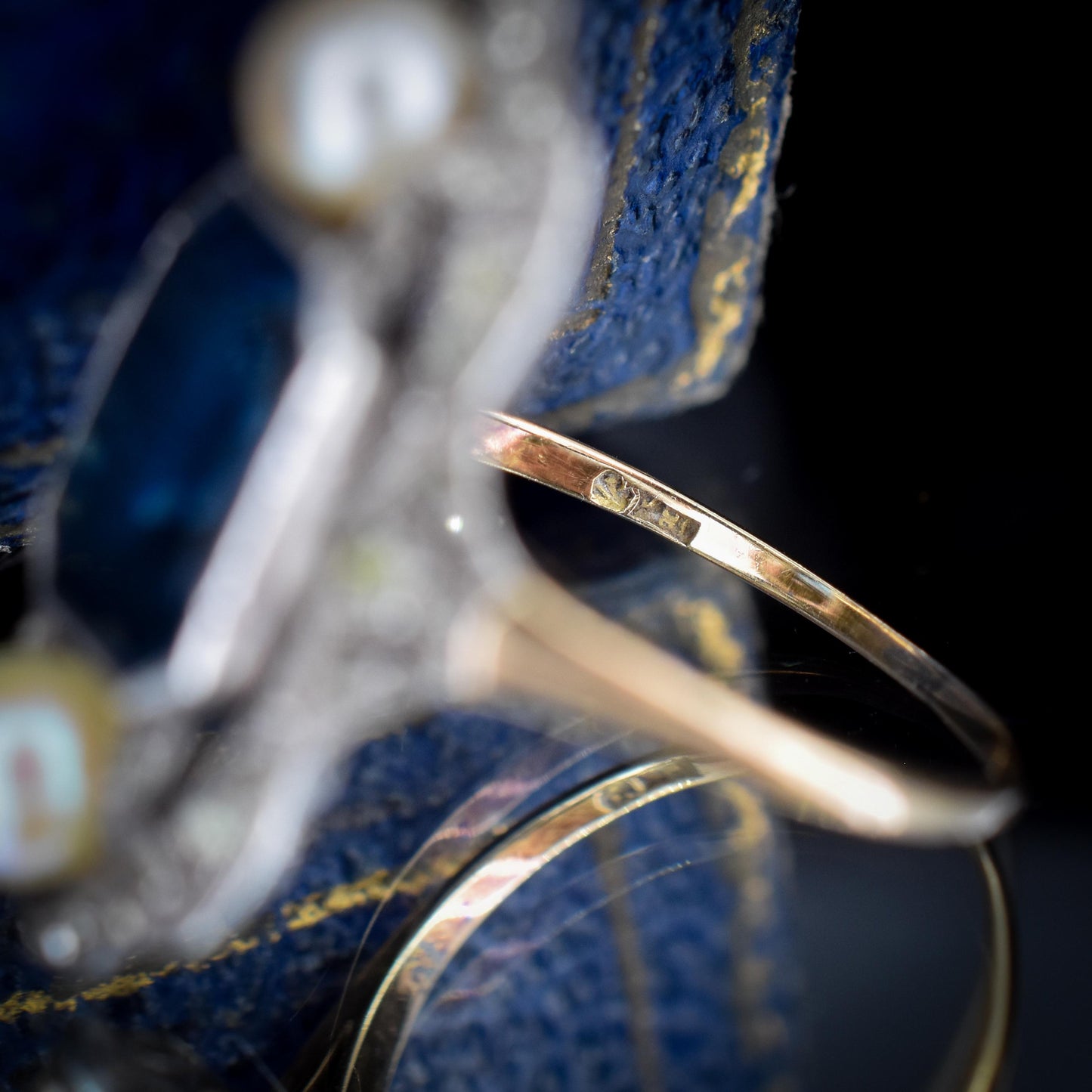 Antique Art Deco French Blue Paste and Pearl 18ct Gold Ring