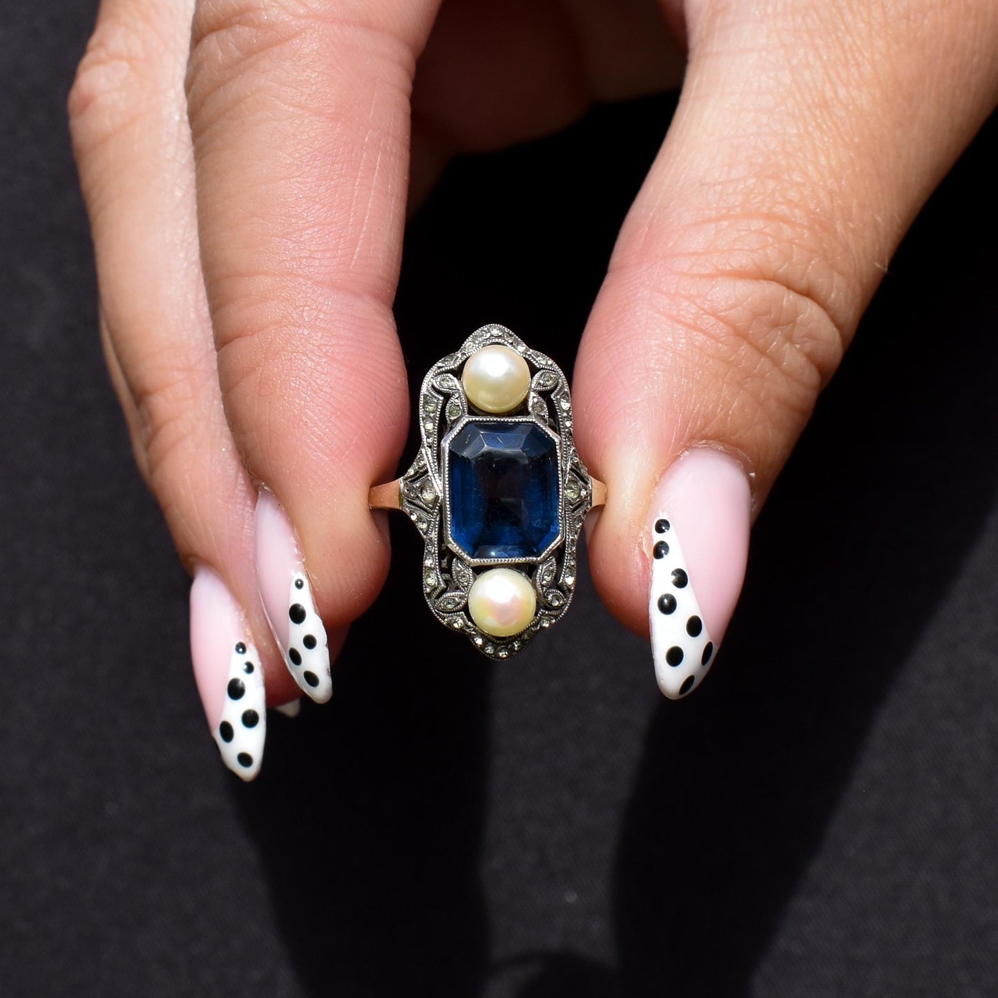 Antique Art Deco French Blue Paste and Pearl 18ct Gold Ring