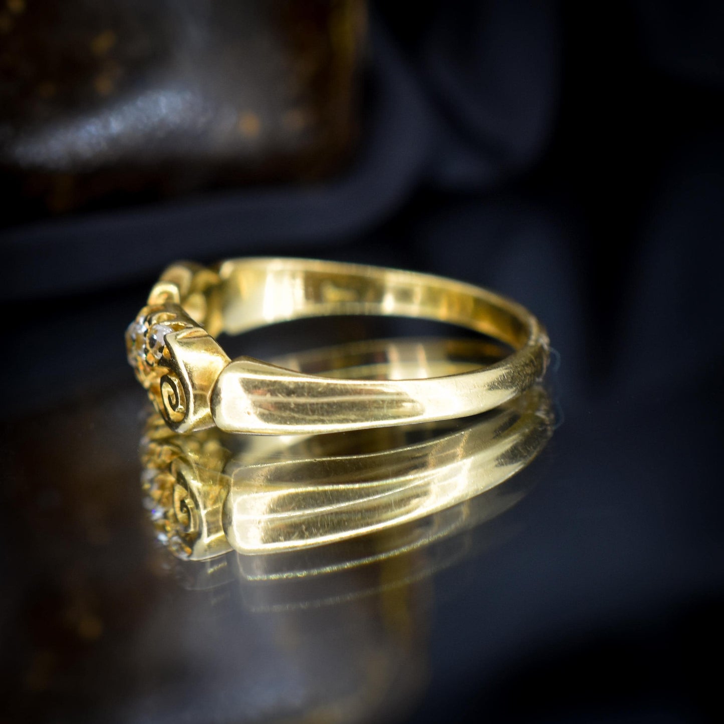 Antique Old Cut Diamond Five Stone Scroll 18ct Gold Ring