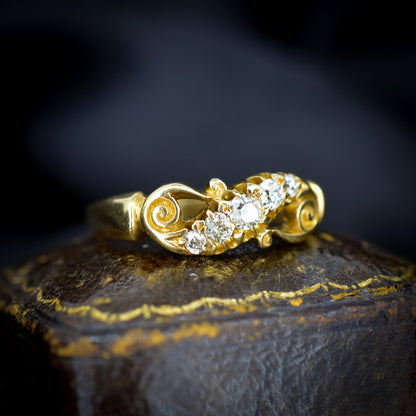 Antique Old Cut Diamond Five Stone Scroll 18ct Gold Ring