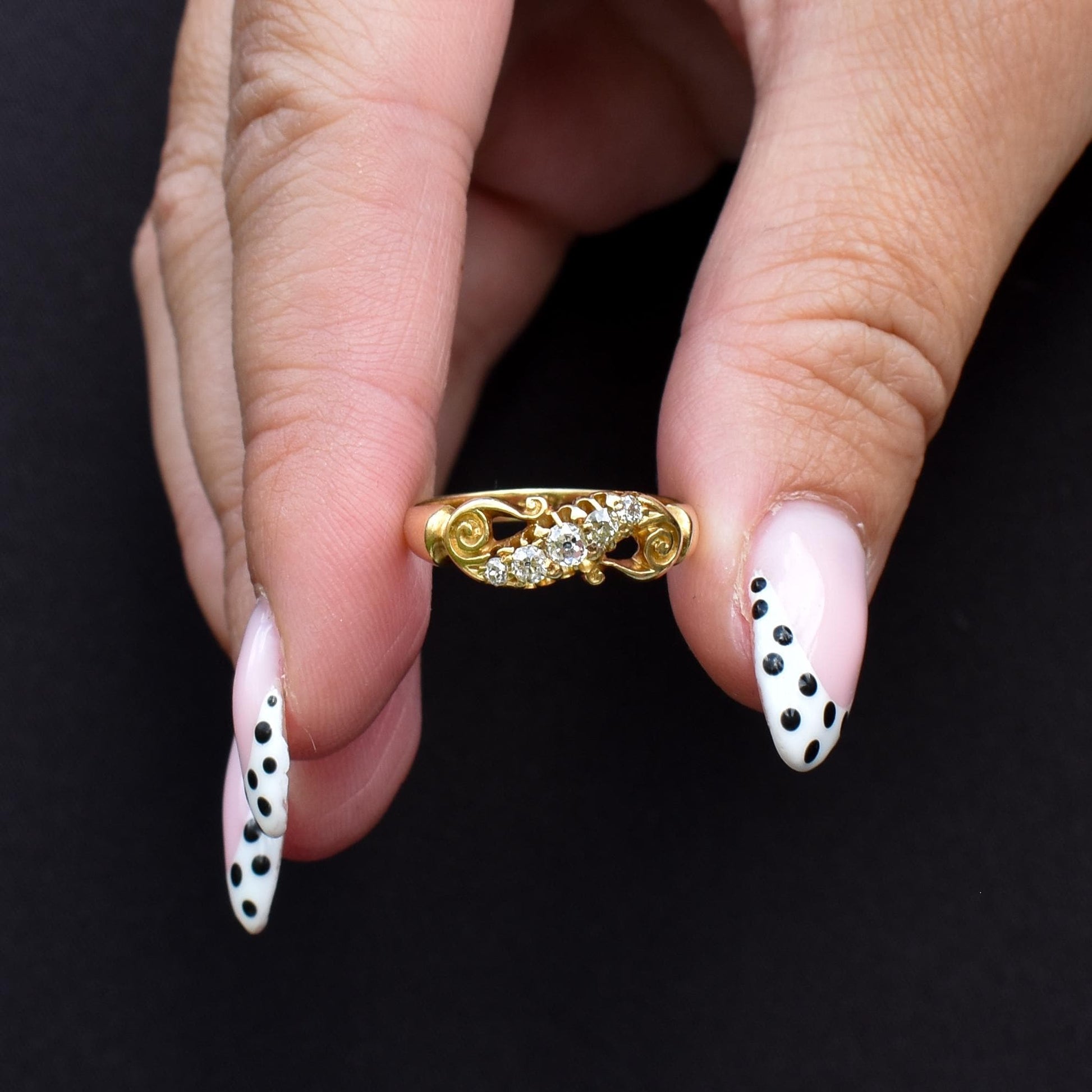 Antique Old Cut Diamond Five Stone Scroll 18ct Gold Ring