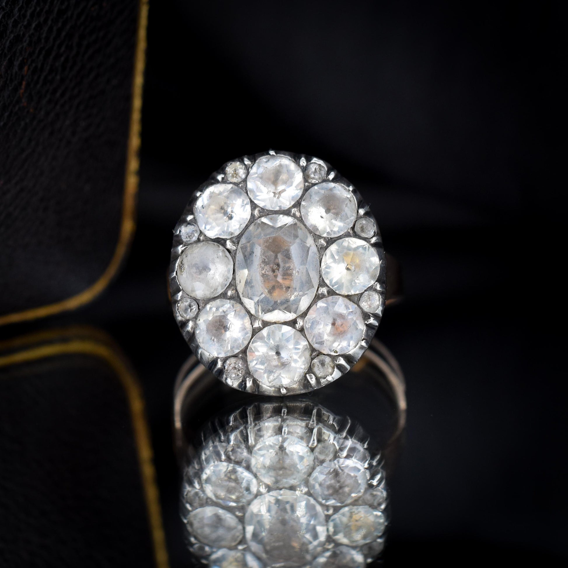 Antique Georgian Old Cut Black Dot Paste Cluster Gold Ring