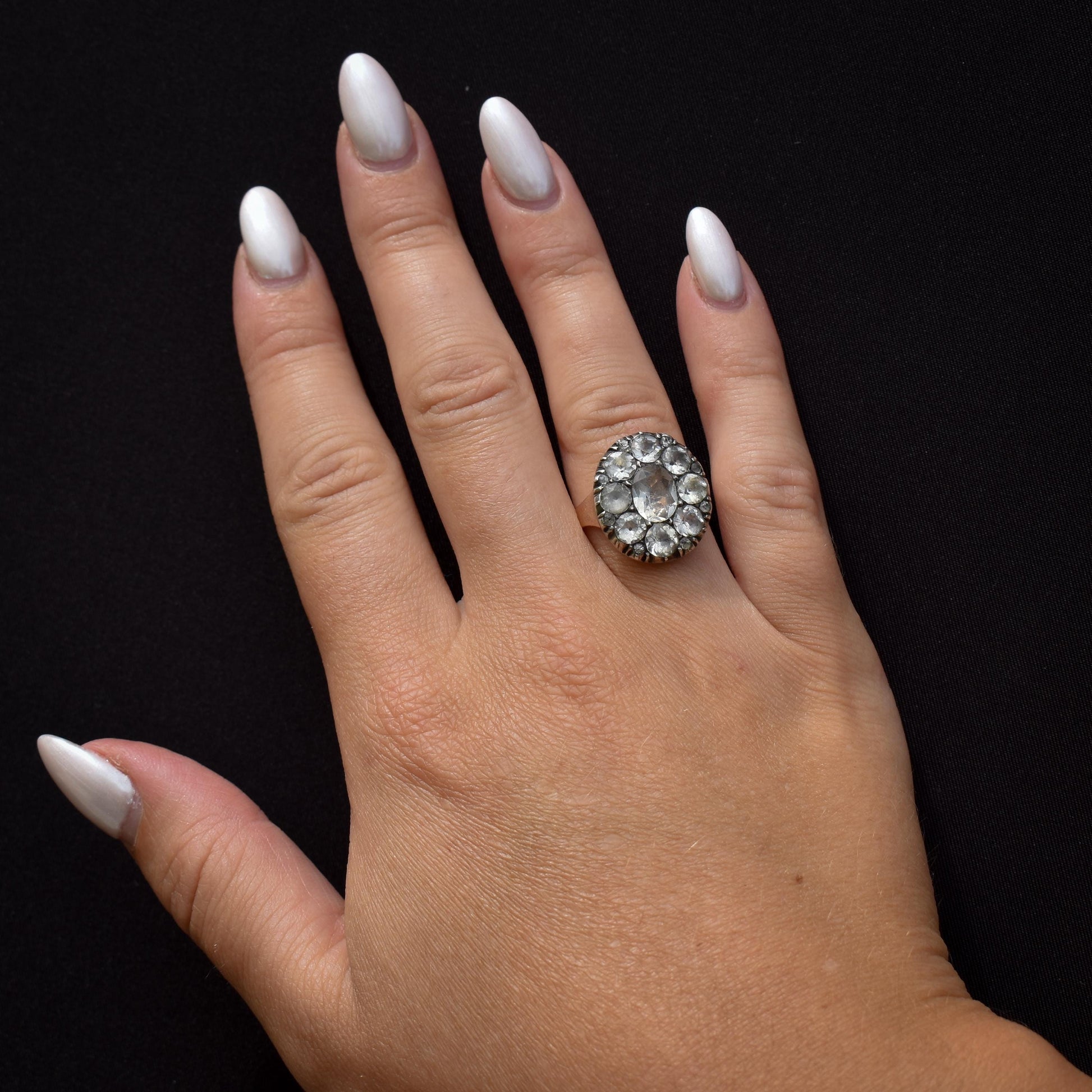 Antique Georgian Old Cut Black Dot Paste Cluster Gold Ring