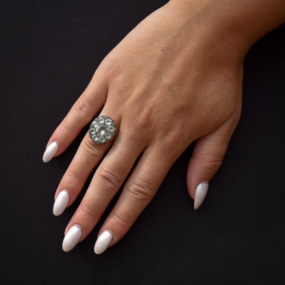 Antique Georgian Old Cut Black Dot Paste Cluster Gold Ring