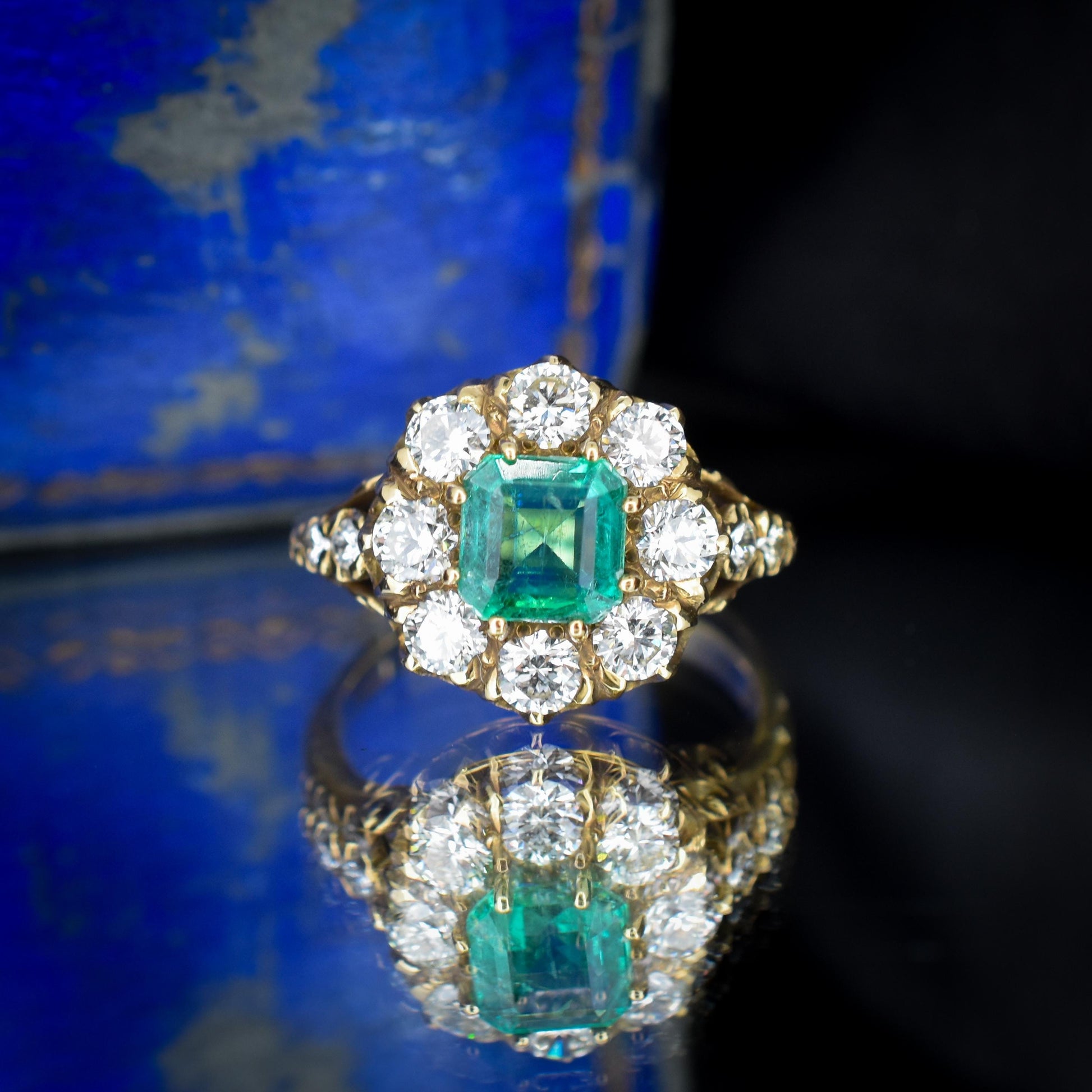 1.30ct Natural Emerald and 1.25ct Diamond Cluster Halo 18ct Yellow Gold Ring