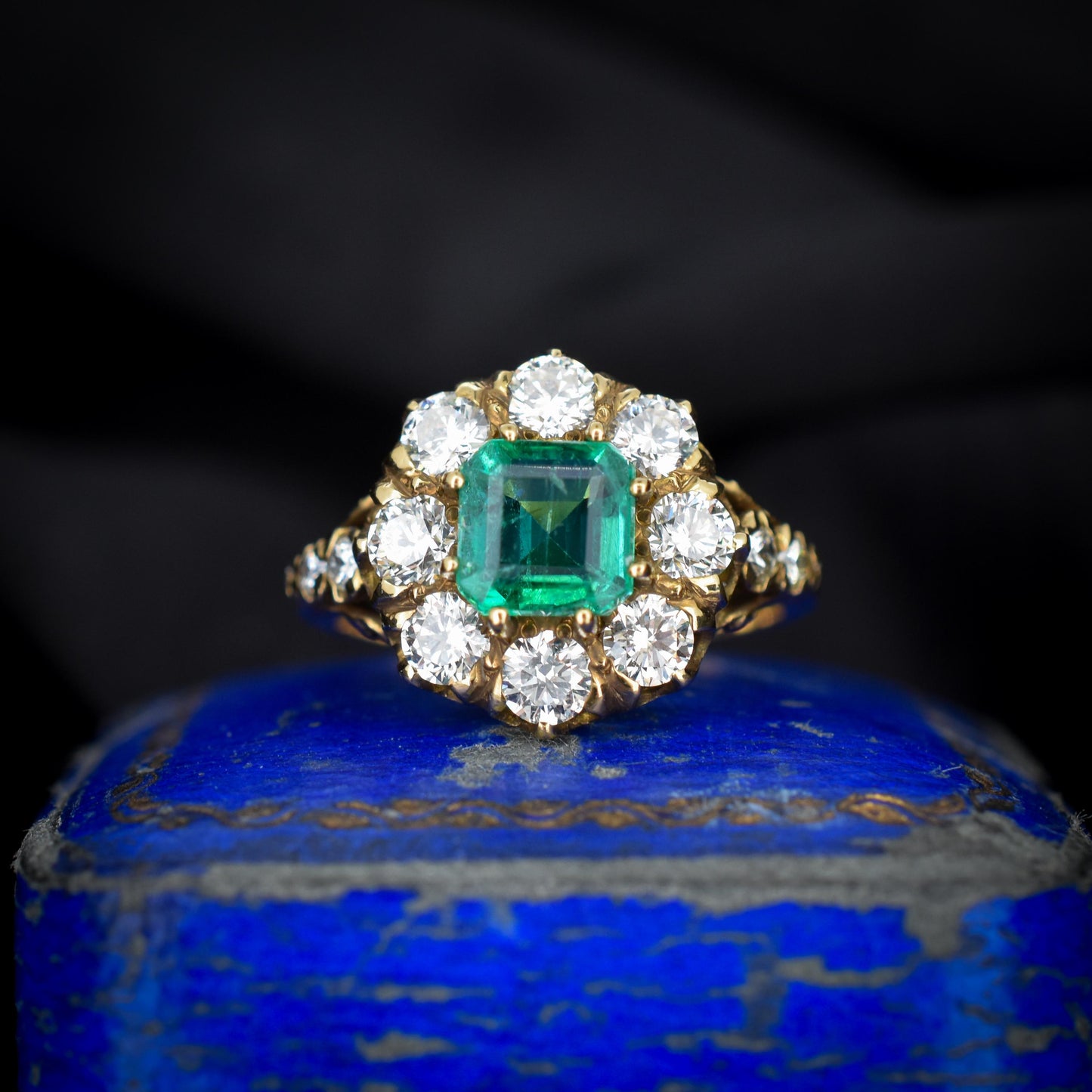 1.30ct Natural Emerald and 1.25ct Diamond Cluster Halo 18ct Yellow Gold Ring