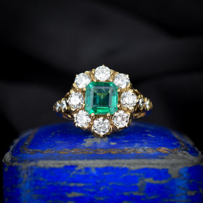 1.30ct Natural Emerald and 1.25ct Diamond Cluster Halo 18ct Yellow Gold Ring
