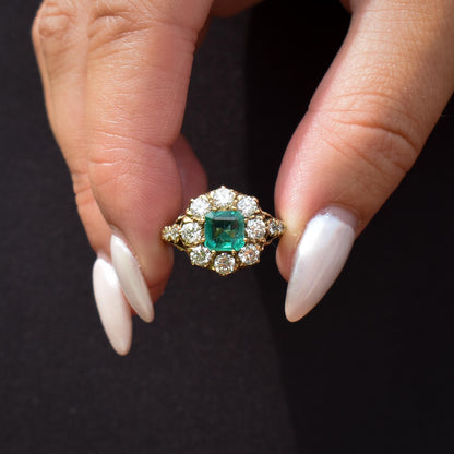 1.30ct Natural Emerald and 1.25ct Diamond Cluster Halo 18ct Yellow Gold Ring