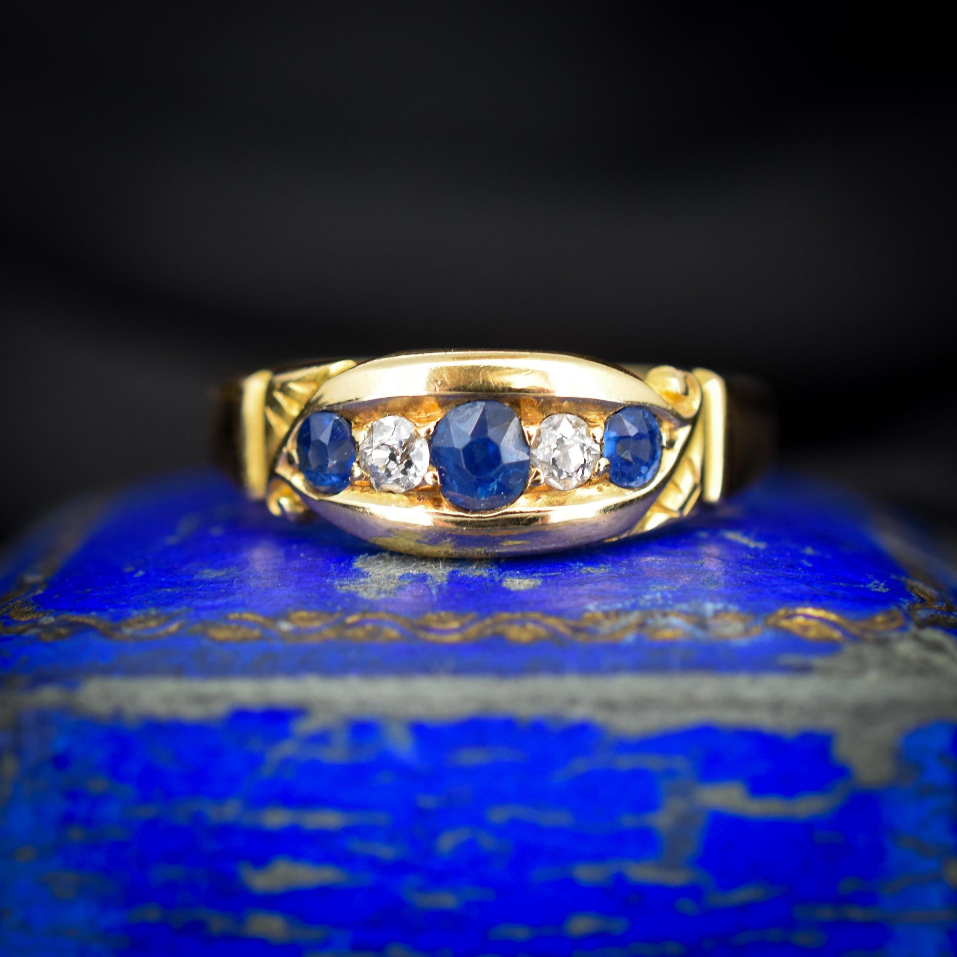 Antique Sapphire and Diamond 18ct Yellow Gold Boat Ring | Birmingham 1896