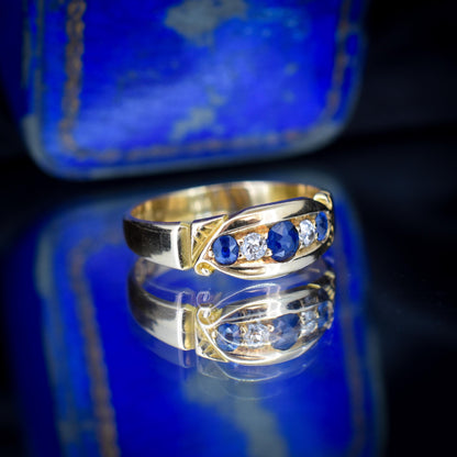 Antique Sapphire and Diamond 18ct Yellow Gold Boat Ring | Birmingham 1896